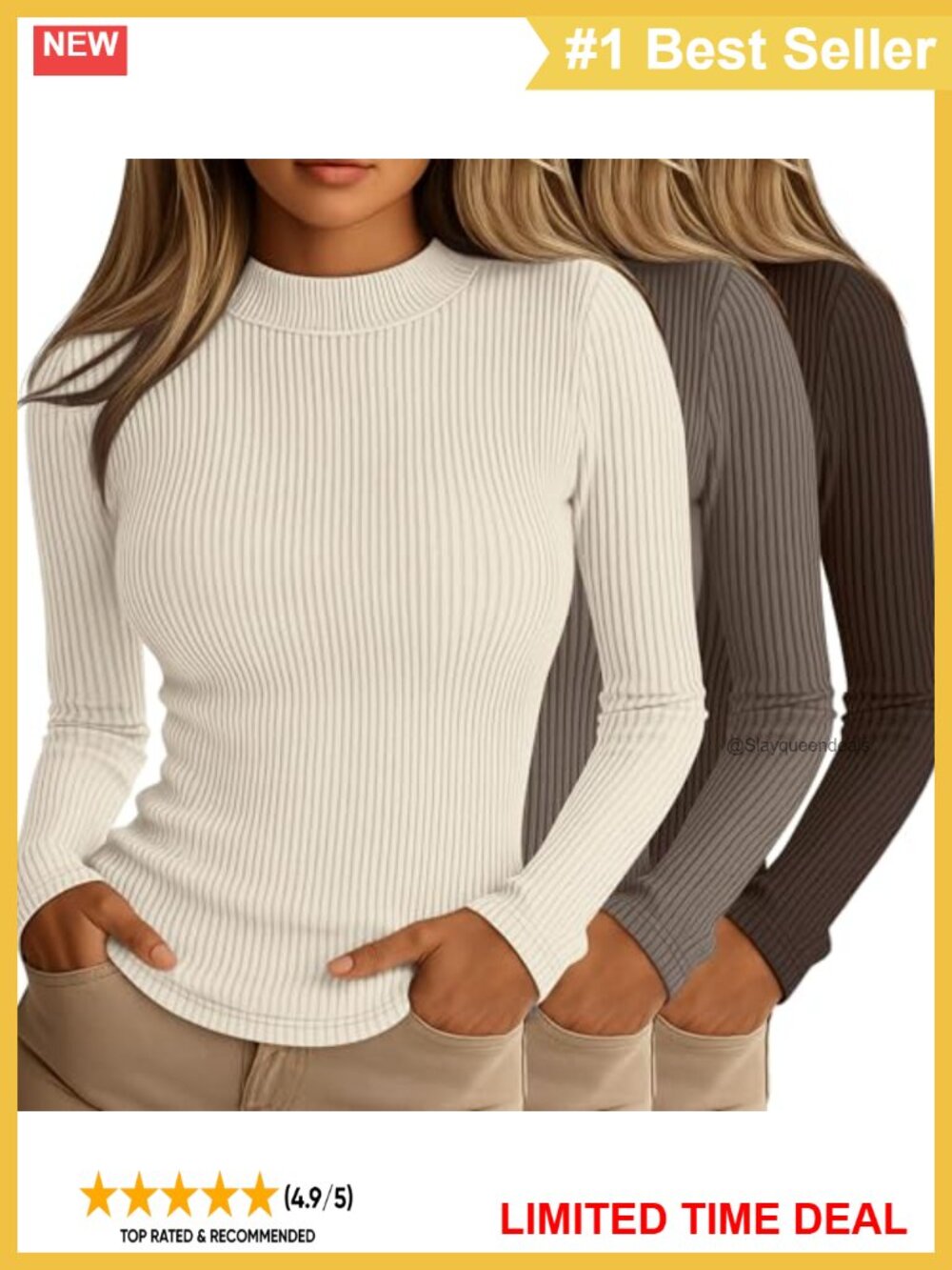 3 Pack Women's Ribbed Mock Neck Long Sleeve Tops Stretch Slim Fit